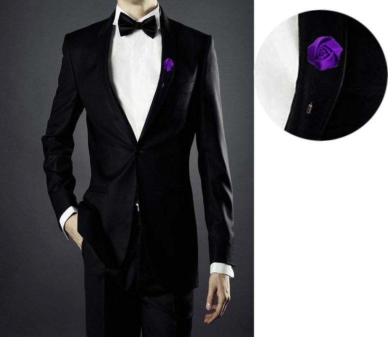 Sanrich Rose Boutonniere Men's Lapel Pins Satin Flower 12 Pack Groom Wedding Boutonniere Suit Brooch Outfit Accessories (purple) - Image 2