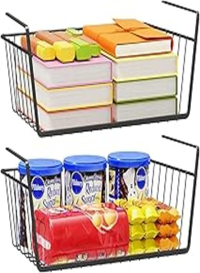 Newthinking 2 Pack Under Shelf Hanging Organizer Basket, Metal Wire Under Cupboard Storage Basket Space Saving for Kitchen, Office and Cabinet, Black