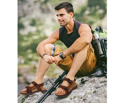 ONCAI Men's Hiking Sandals with Arch Support Mesh Athletic Walking Sandalias Summer Outdoor Cushion Thick Rubber Soles and Recovery Sports Fisherman Sandals Brown Size 10.5 - Image 2