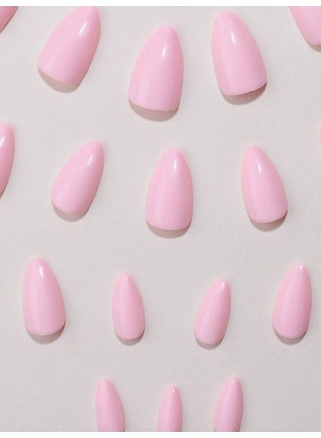 KHAJUL 24 Pcs Press On Nails, Short Almond Shape, Cute Pink Solid Colored Fake Nails, Nail File & Jelly Glue Included, DIY Manicure, Festival, Party & Daily Wear, Gift for Women - Image 3
