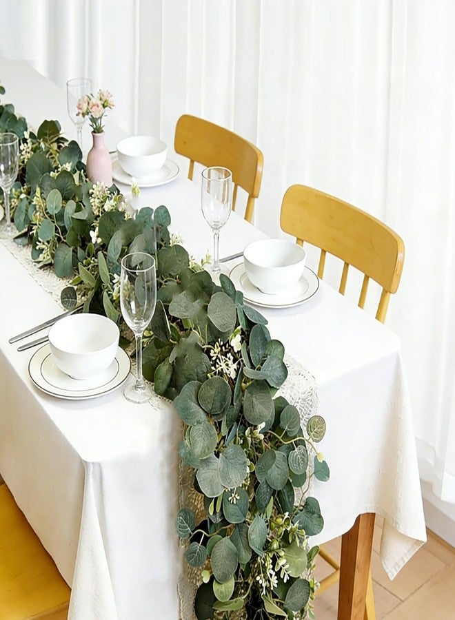 YNHFIFI 2Pcs Eucalyptus Garland, 6FT Green Garland with Flowers, Artificial Faux Greenery Vines for Wedding Party Table Centerpieces Runner Room Home Mantle Decor - Image 2