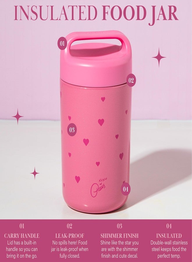 Paris Hilton Stainless Steel Food Jar, Double Wall Vacuum Sealed Insulated Food Storage Container with Carry Handle Lid, 16-Ounce, Pink with Heart Design - Image 2
