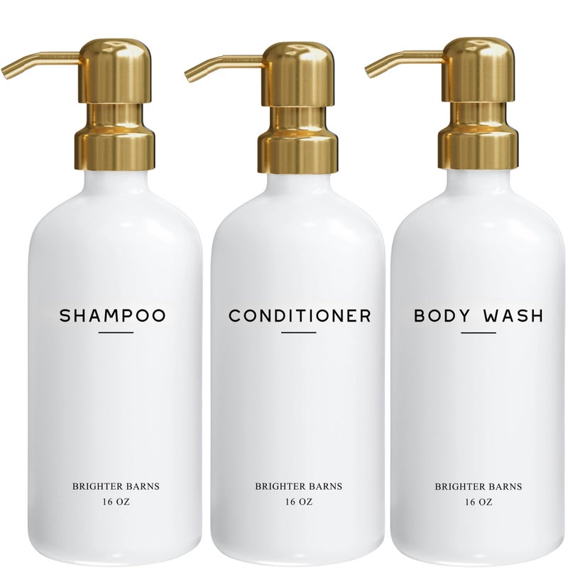 Brighter Barns Luxury Shampoo and Conditioner Dispenser Set by Brighter Barns - Shower Soap Dispenser - Shampoo Conditioner Body Wash Dispenser & Pump - White and Gold Bathroom Accessories in Spa, Hotel, Gift (Gold) - Image 1