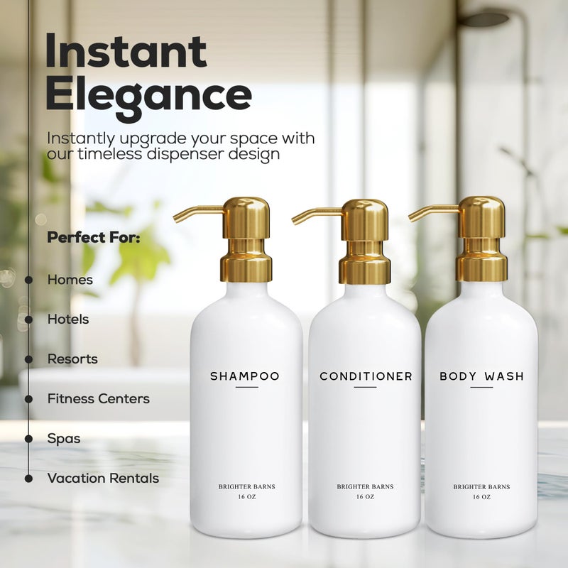 Brighter Barns Luxury Shampoo and Conditioner Dispenser Set by Brighter Barns - Shower Soap Dispenser - Shampoo Conditioner Body Wash Dispenser & Pump - White and Gold Bathroom Accessories in Spa, Hotel, Gift (Gold) - Image 2