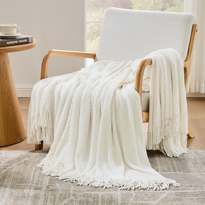 inhand Knitted Throw Blanket for Couch Bed,Chunky Chenille Woven Soft Blankets with Tassels, Cozy Boho Farmhouse Fall Winter Decor,Warm for Women,60"x80",Medium Thick-Off White - Image 4
