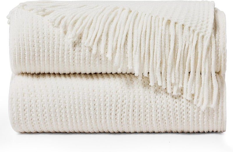 inhand Knitted Throw Blanket for Couch Bed,Chunky Chenille Woven Soft Blankets with Tassels, Cozy Boho Farmhouse Fall Winter Decor,Warm for Women,60"x80",Medium Thick-Off White - Image 1