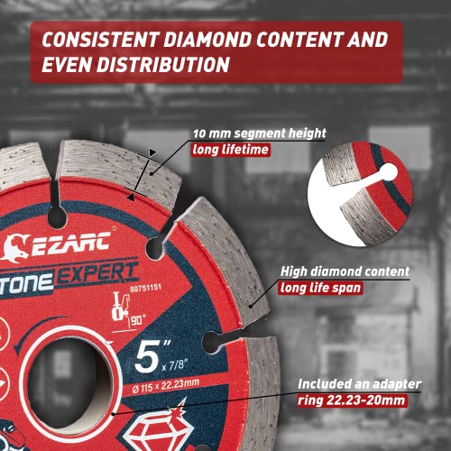 EZARC 5 inch Segmented Diamond Blade, Diamond Cutting Wheel for Angle Grinder Stone Master, 5" Stone Blade for Cutting Concrete Granite Masonry Brick, 7/8"-20mm-5/8 Arbor (2-Pack) - Image 3