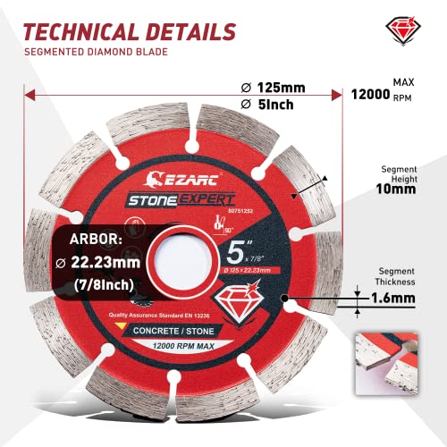 EZARC 5 inch Segmented Diamond Blade, Diamond Cutting Wheel for Angle Grinder Stone Master, 5" Stone Blade for Cutting Concrete Granite Masonry Brick, 7/8"-20mm-5/8 Arbor (2-Pack) - Image 4