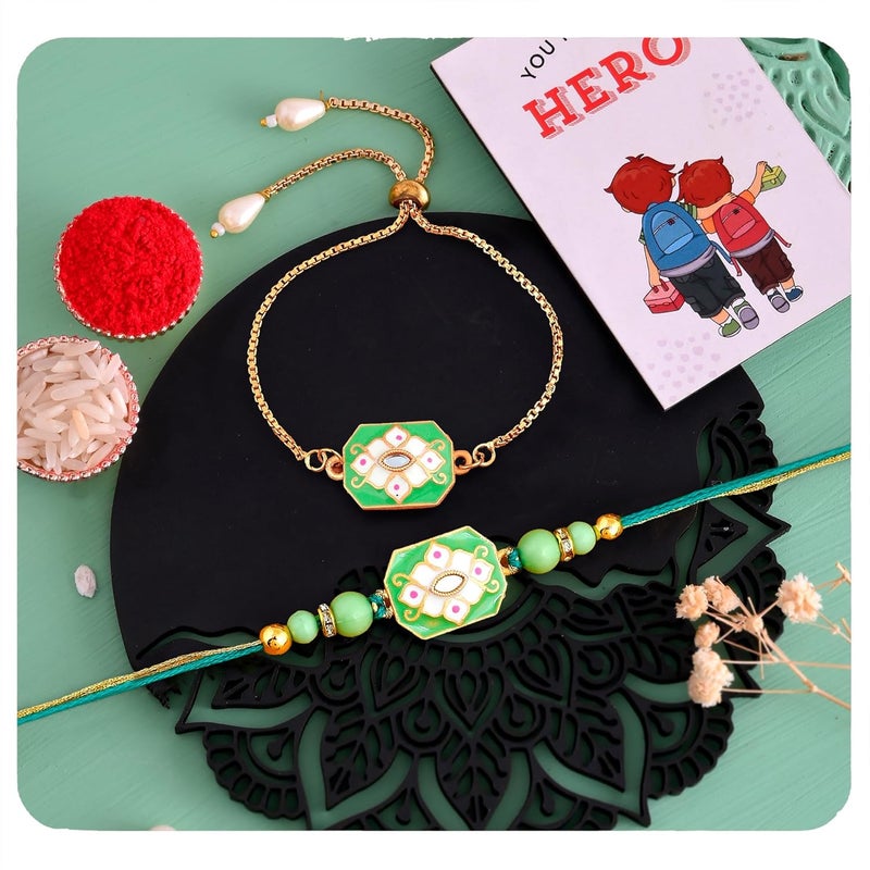 ascension Couple Rakhi for Bhaiya Bhabhi Rakhi for Raksha Bandhan Bhai Bhabhi Rakhi Set Couple Floral Rakhi with You are My Hero Fridge Magnet Roli Tilak - Image 1