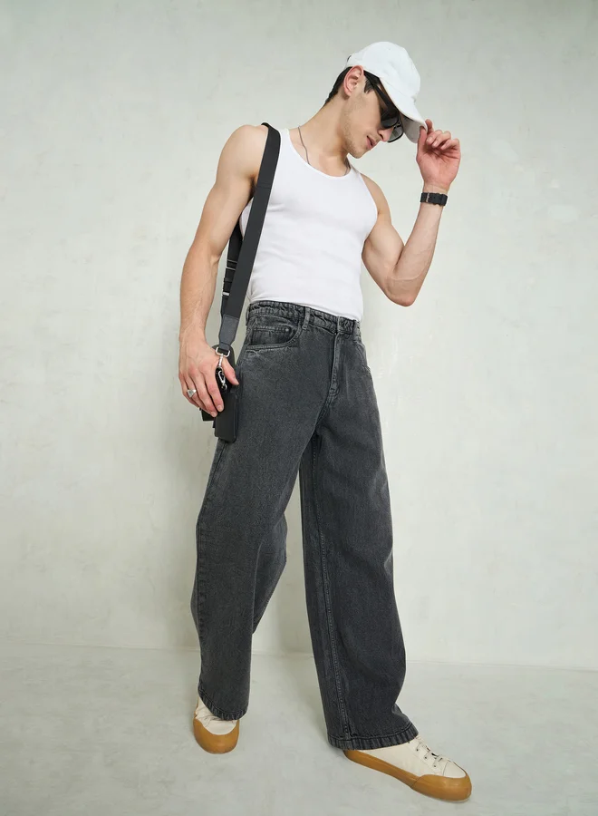 ساسافراس Sassafras Men Grey Mid Rise Plain Wide Leg Jeans