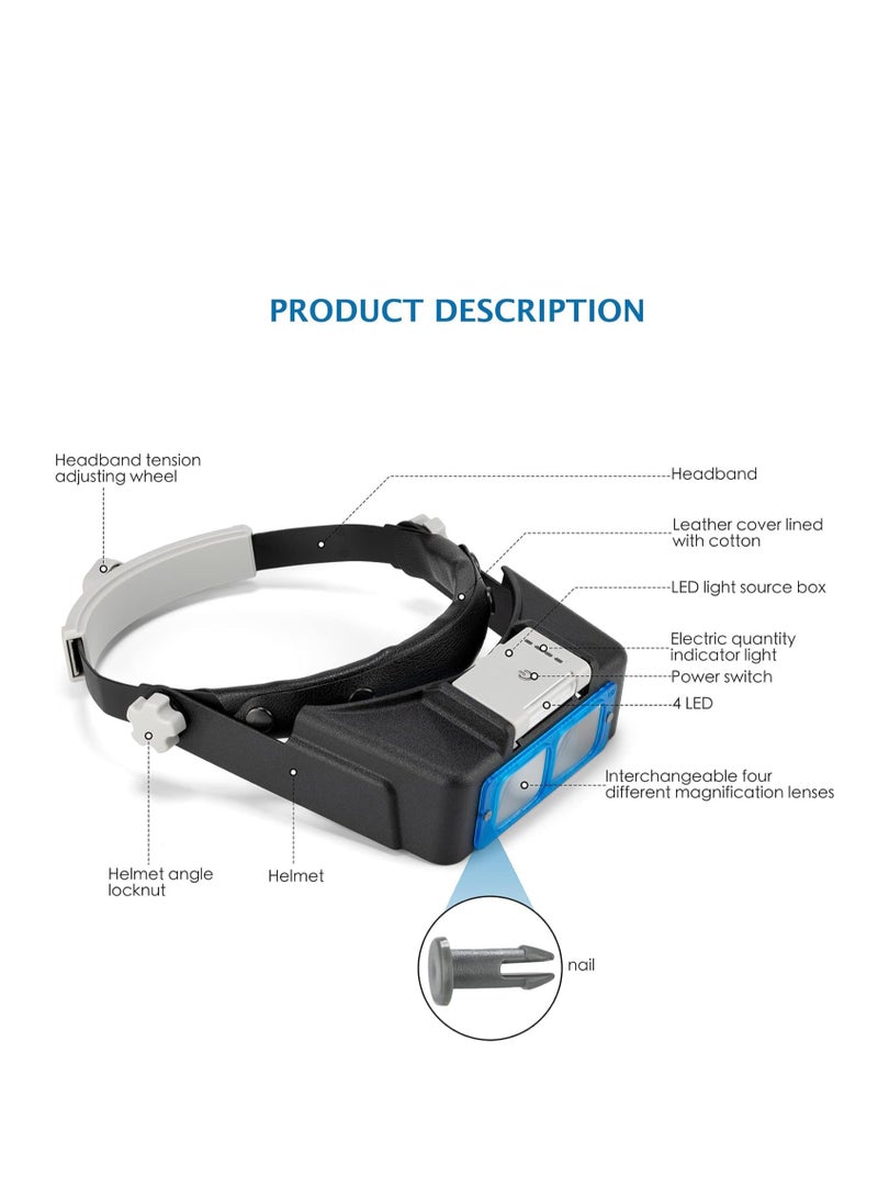 KASTWAVE Magnifying Glass with Light 1.5X to 3.5X, Rechargeable Magnifying Glasses, Head Mount Magnifier with 4 Lens, Head Magnifying Visor for Close Work Reading Cross Stitch - Image 4