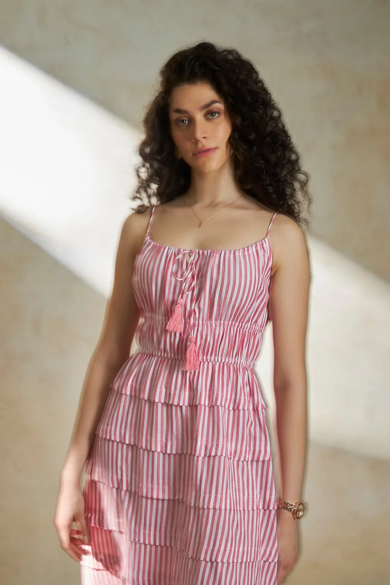 فيرجيو Stripes Cotton Pink Striped Tiered Midi Dress for Women