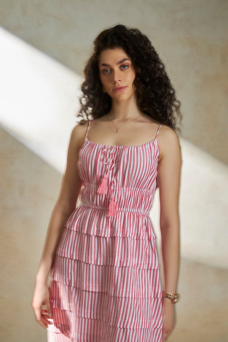 Virgio Stripes Cotton Pink Striped Tiered Midi Dress for Women - Image 2