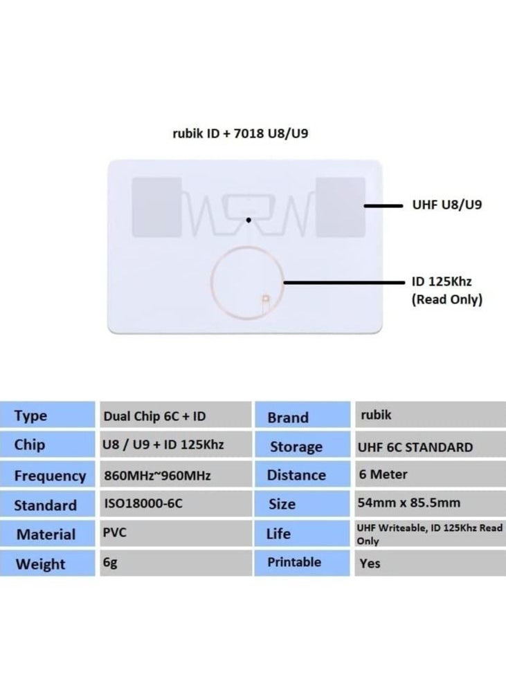 Dual Chip UHF RFID Cards U8/U9 (Writeable) + 125Khz (Read Only), UHF High Frequency 860Mhz-960Mhz Long Range ISO18000-6C Protocol Wide Compatibility (10 Cards)