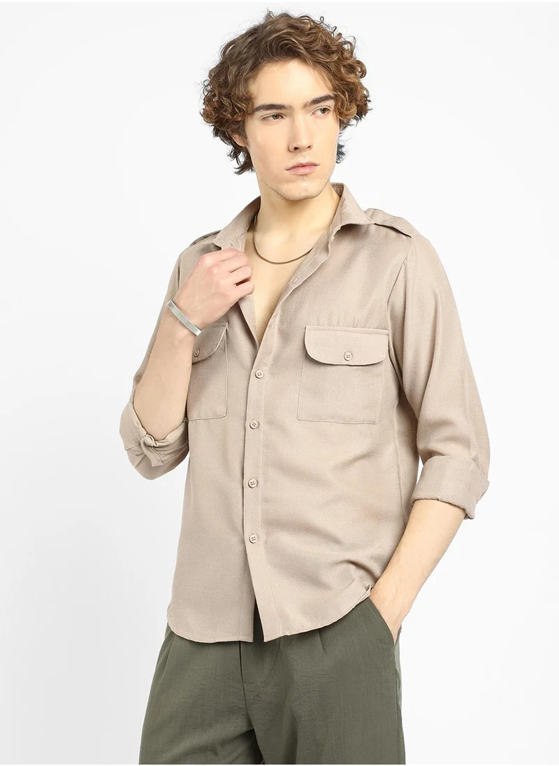 كامبوس سوترا Men's Ecru Beige Solid Relaxed Shirt