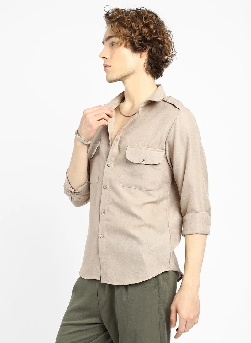 كامبوس سوترا Men's Ecru Beige Solid Relaxed Shirt