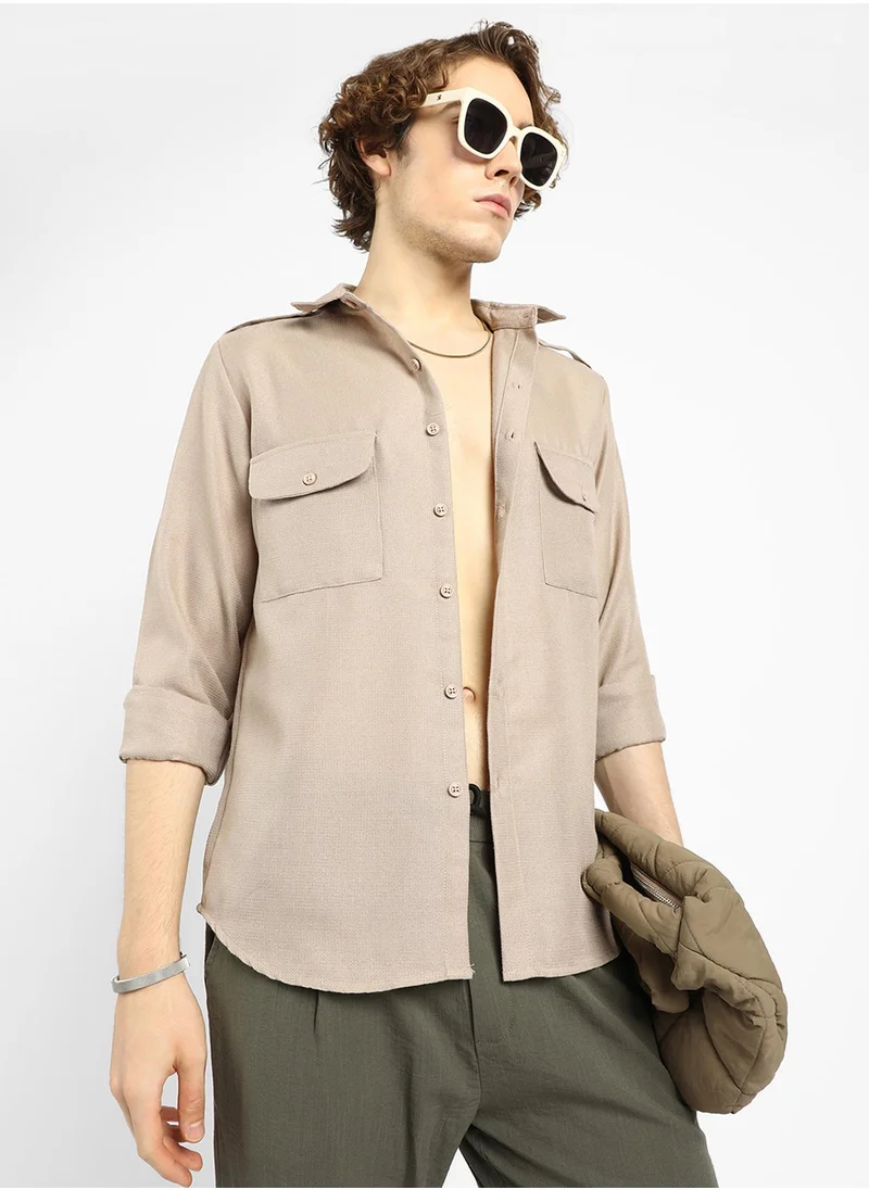 كامبوس سوترا Men's Ecru Beige Solid Relaxed Shirt