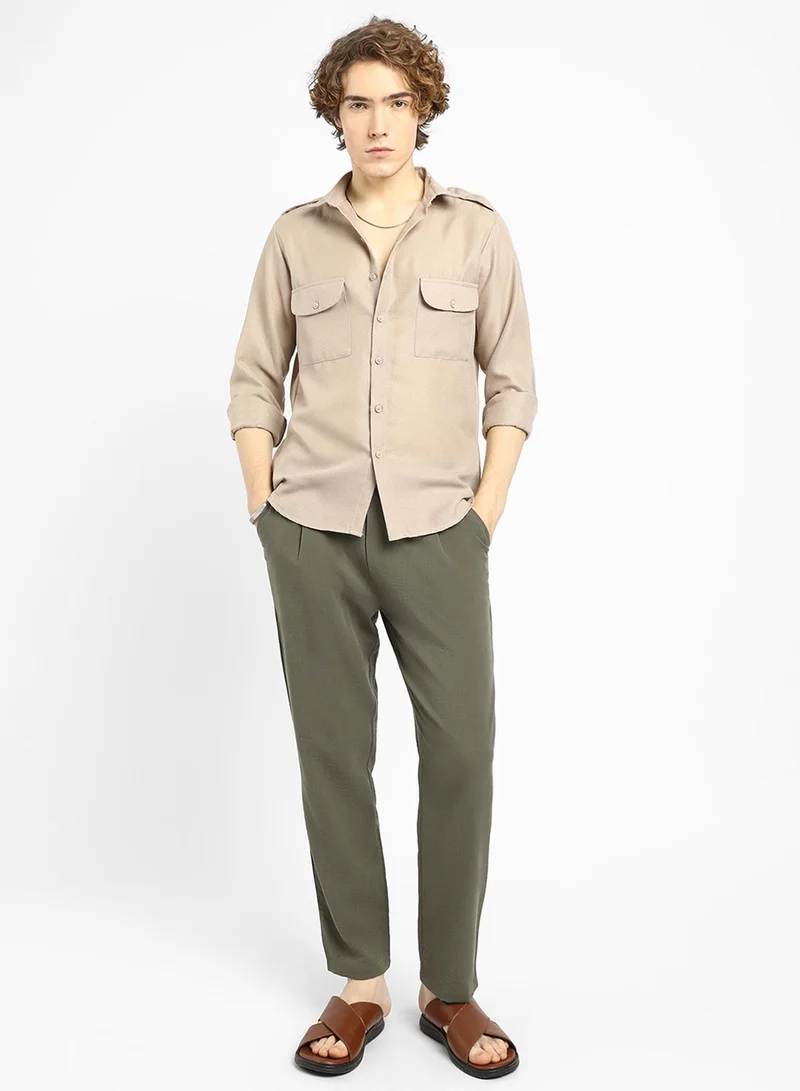 كامبوس سوترا Men's Ecru Beige Solid Relaxed Shirt