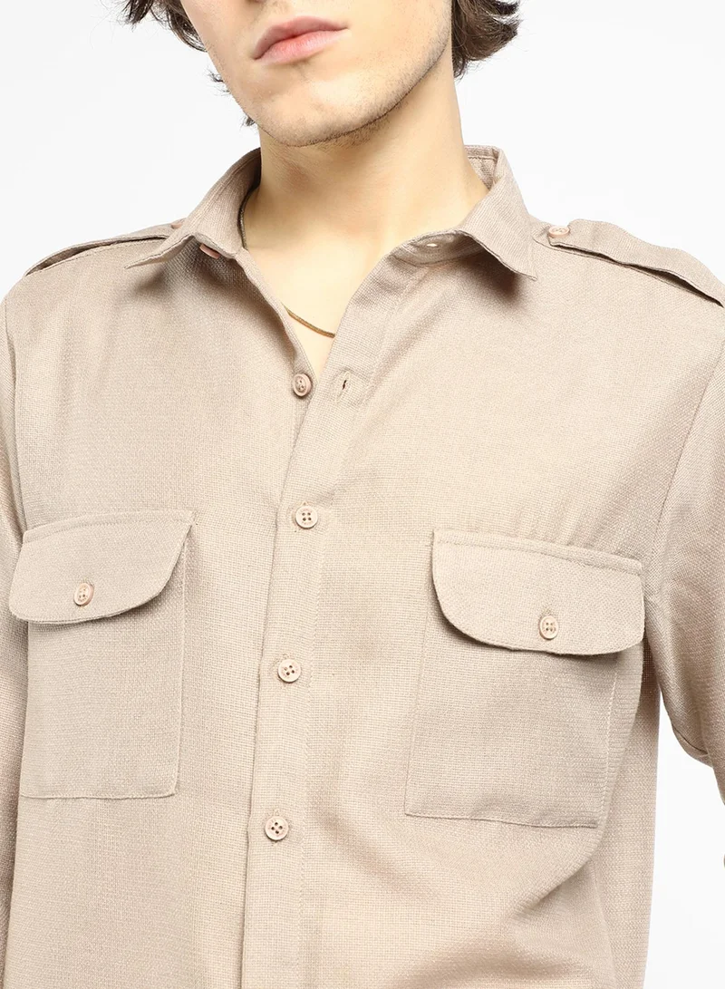 كامبوس سوترا Men's Ecru Beige Solid Relaxed Shirt
