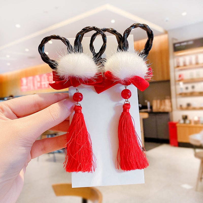 Generic Chinese New Year Headwear Childrens Tang Suit Cheongsam New Year Clothes Hair Accessories Girls Baby Festive New Year Hair Card Clip Lotus color# white plush tassel pair 
