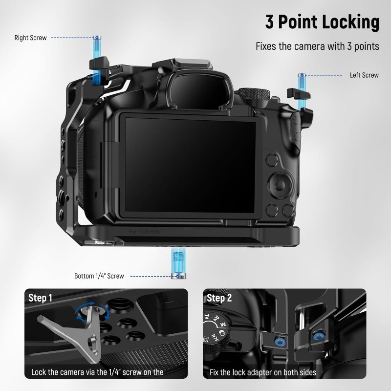 NEEWER R50 Camera Cage Compatible with Canon EOS R50, Aluminum Video Rig with NATO Rail, 1/4" Threads, 3/8" ARRI Holes, Cold Shoe, Anti Twist, Compatible with DJI Gimbals Arca Type QR System, CA031 - Image 3