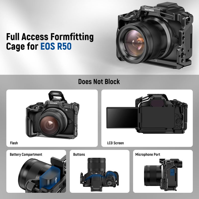 NEEWER R50 Camera Cage Compatible with Canon EOS R50, Aluminum Video Rig with NATO Rail, 1/4" Threads, 3/8" ARRI Holes, Cold Shoe, Anti Twist, Compatible with DJI Gimbals Arca Type QR System, CA031 - Image 4