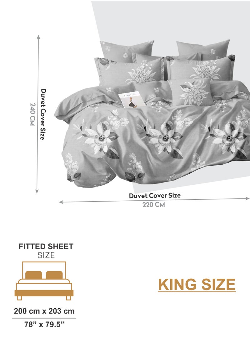 Donetella - Duvet Cover Set 6-Pcs King Size Printed Bed Set With 1 Duvet Cover(220 X 240 CM),1 Fitted Sheet,2 PillowSham And 2 Pillow Cases (Without Filler),Pastel Grey - Image 1