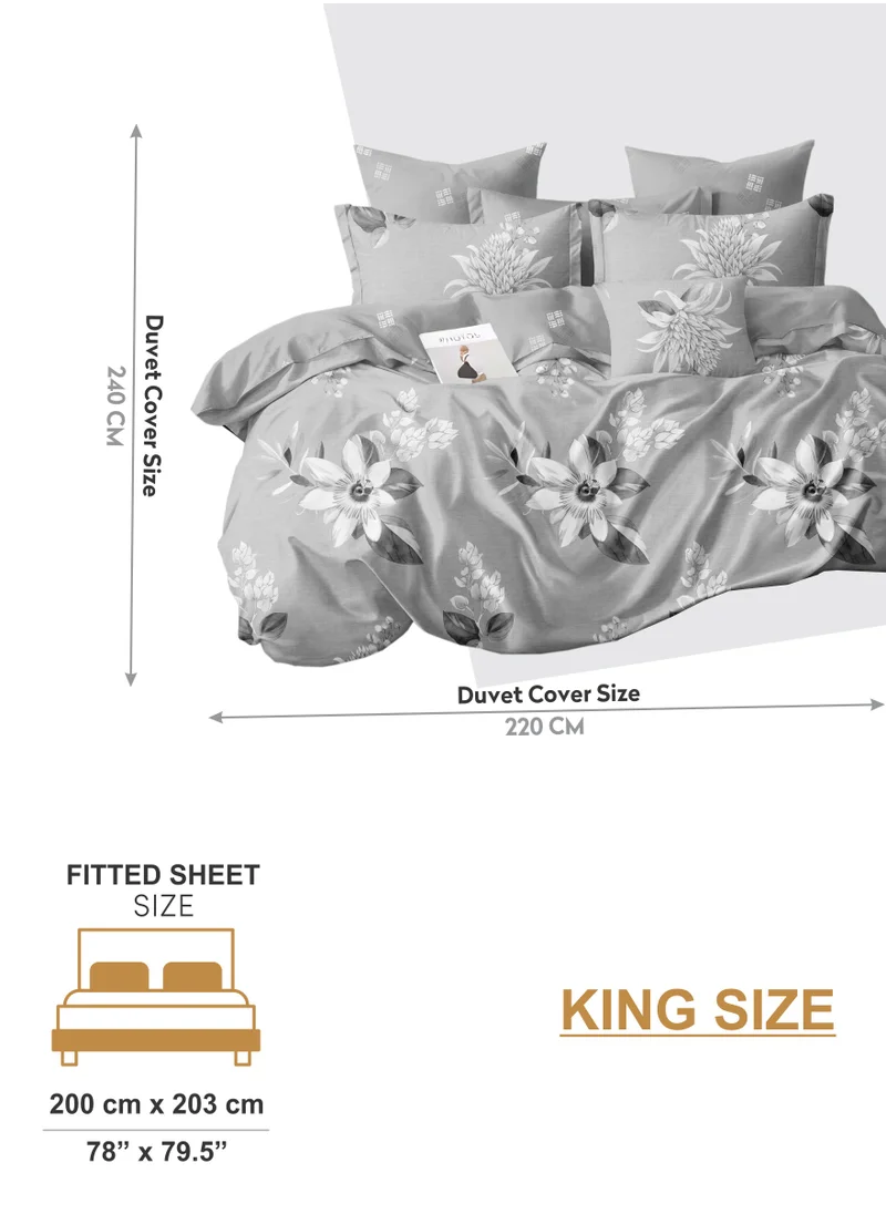 Donetella Duvet Cover Set 6-Pcs King Size Printed Bed Set With 1 Duvet Cover(220 X 240 CM),1 Fitted Sheet,2 PillowSham And 2 Pillow Cases (Without Filler),Pastel Grey