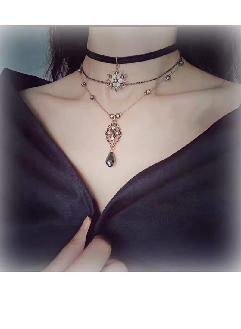 SYOSI Bohemia Layered Choker Necklaces, Star Layered Pendant Necklace Multilayer Necklace Vintage Choker with Teardrop Chain & Black Leather Choker Layered Necklaces for Women Jewelry - Image 1
