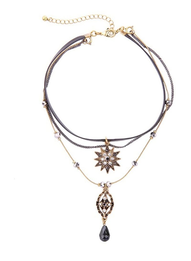 SYOSI Bohemia Layered Choker Necklaces, Star Layered Pendant Necklace Multilayer Necklace Vintage Choker with Teardrop Chain & Black Leather Choker Layered Necklaces for Women Jewelry - Image 4