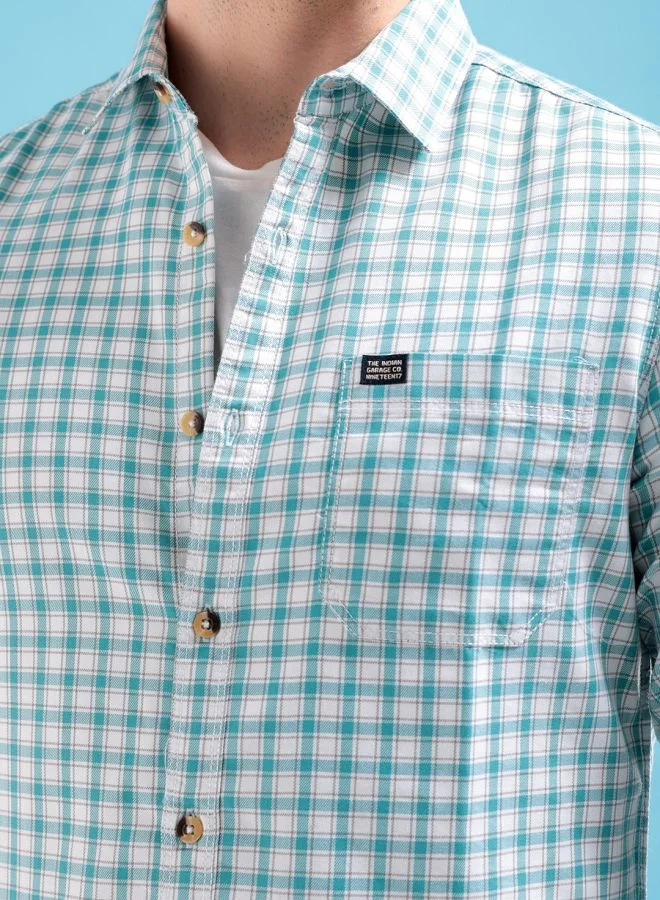 The Indian Garage Co Men Slim Fit Checkered Full Sleeves Cutaway Collar Casual Shirt