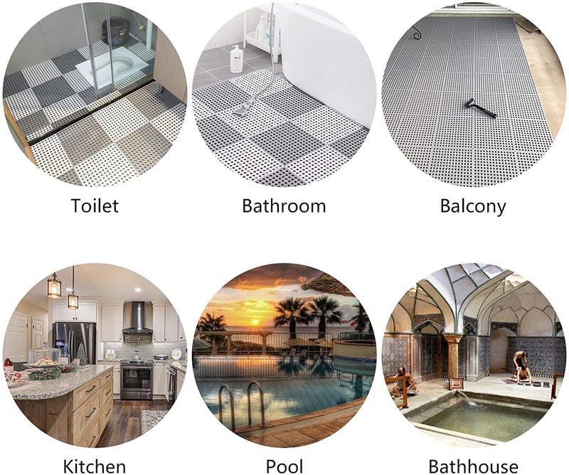 Homartel Interlocking Slip Drainage Tiles 12x12 InchSoft PVC Waterproof Floor Mat Non SLI Rubber Bath Mat with Drain Holes Column for Bathroom Kitchen Shower PoolBalconyaPack of 6 pic  - Image 4