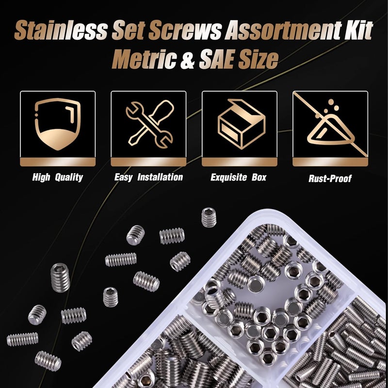 GLADRVWAY 1150PCS Screws Assortment Kit, Standard Metric + SAE Stainless Steel Screws, Allen Head Socket Hex Grub Set Screws for Bathroom Fixtures, Towel Bar (M3-M8, 1/8"-40 to 5/16"-18) - Image 5