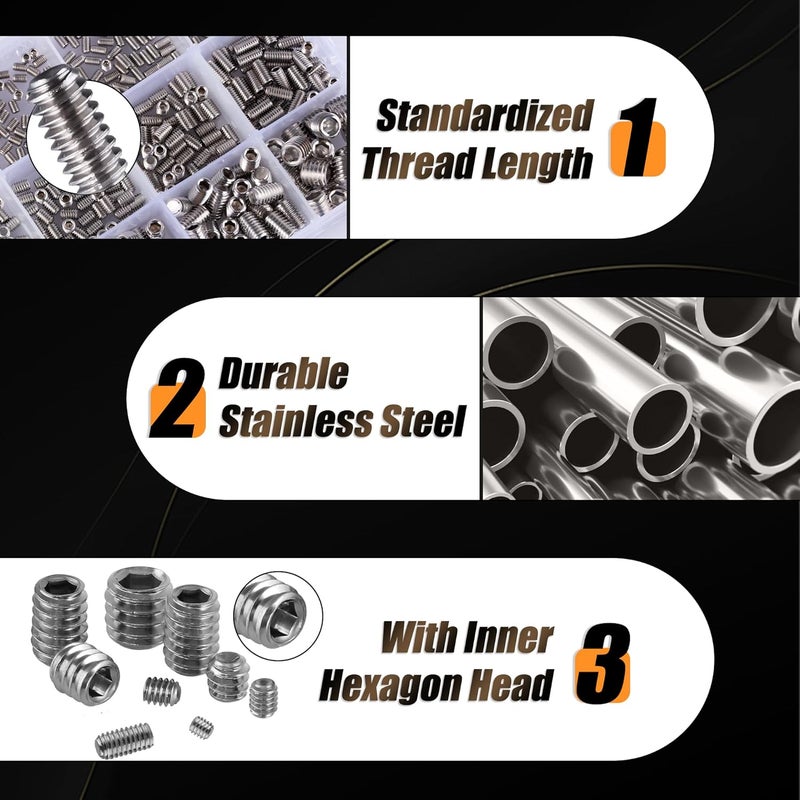 GLADRVWAY 1150PCS Screws Assortment Kit, Standard Metric + SAE Stainless Steel Screws, Allen Head Socket Hex Grub Set Screws for Bathroom Fixtures, Towel Bar (M3-M8, 1/8"-40 to 5/16"-18) - Image 2