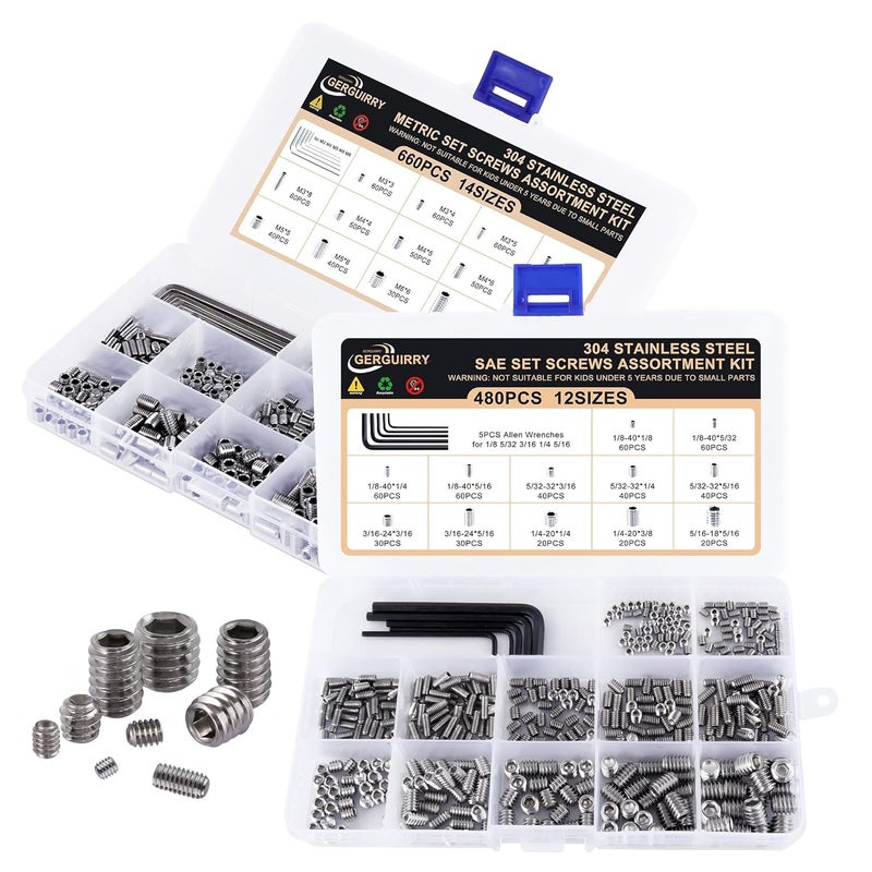 GLADRVWAY 1150PCS Screws Assortment Kit, Standard Metric + SAE Stainless Steel Screws, Allen Head Socket Hex Grub Set Screws for Bathroom Fixtures, Towel Bar (M3-M8, 1/8"-40 to 5/16"-18) - Image 1