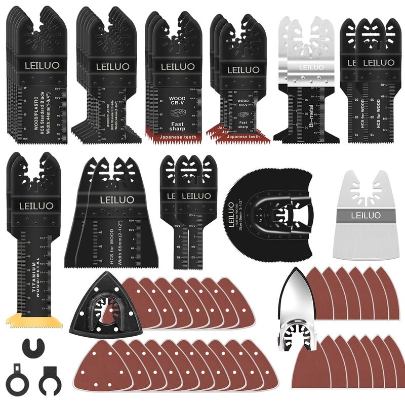 LEILUO 158 Pcs Multitool Blade Kits Cutting and Sandpaper Oscillating Tool Accessories Universal Oscillating Saw Blades with Storage Bag Compatible with DeWalt Makita Dremel and More - Image 1