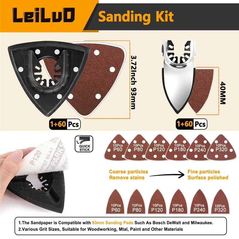 LEILUO 158 Pcs Multitool Blade Kits Cutting and Sandpaper Oscillating Tool Accessories Universal Oscillating Saw Blades with Storage Bag Compatible with DeWalt Makita Dremel and More - Image 4