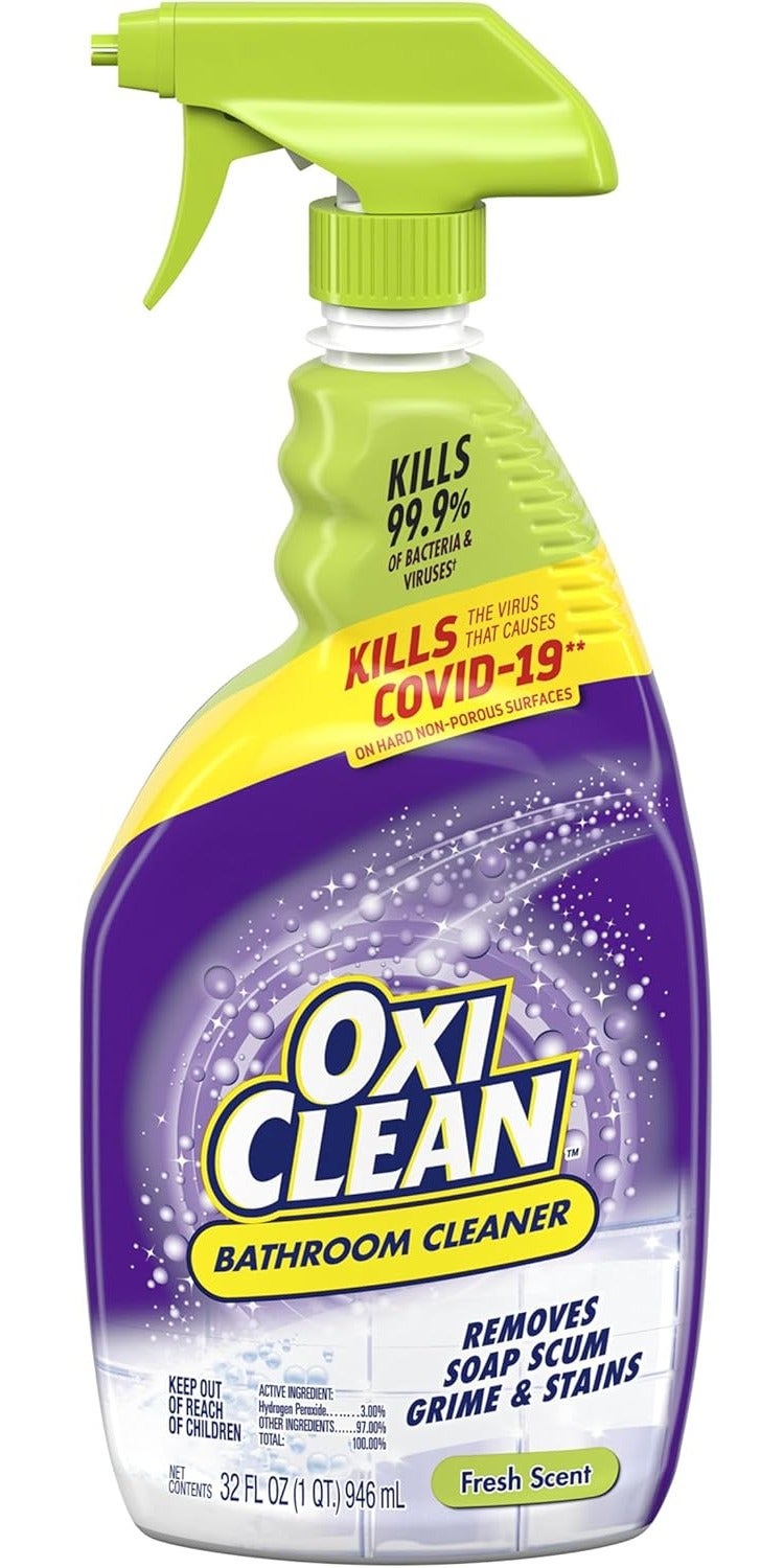 OxiClean Bathroom Cleaner Spray 946ml Fresh Scent Kills 99.9% Germs Removes Soap Scum Grime & Stains Multi Surface Disinfectant for Tiles Sink Shower Toilet Bathroom Cleaning - Image 1