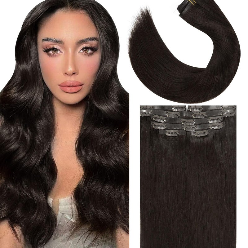 Lacer Hair New Technology Ultra Seamless Hair Extensions Clip in Remy Human Hair Natural 2 Darkest Brown Silky Straight Clip in Hair Extensions for Fine Thin Hair Women 7pcs 110g 14 Inch