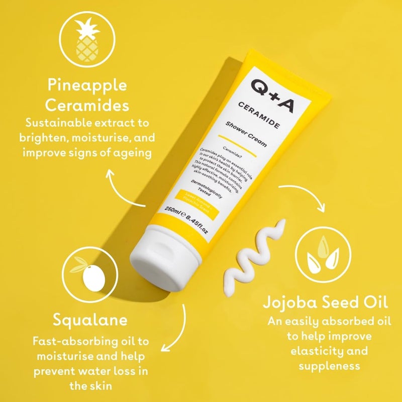 Q+A Ceramide Shower Cream provides a gentle cleanse deeply nourishing the skin with a rich and creamy formula of Squalane Jojoba Seed Oil and a sustainable Ceramide Extract from pineapples 250ml - Image 4