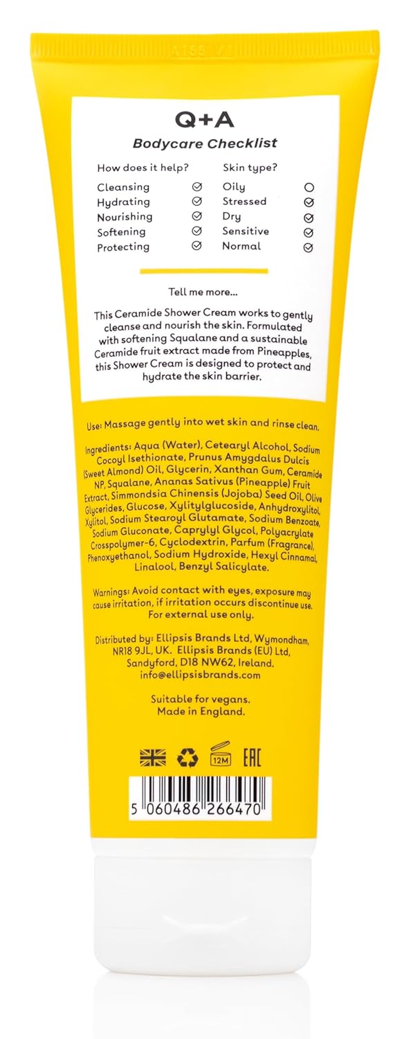 Q+A Ceramide Shower Cream provides a gentle cleanse deeply nourishing the skin with a rich and creamy formula of Squalane Jojoba Seed Oil and a sustainable Ceramide Extract from pineapples 250ml - Image 2