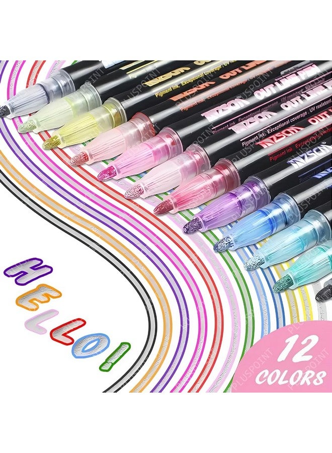 PLUSPOINT Outliner Pens set 12 Double Line Shimmer Metallic Colour Shining Markers Glitter Chisel for Painting DIY Art Craft Project Scrap Book Doodle Drawing Greeting Gift Card - Image 4