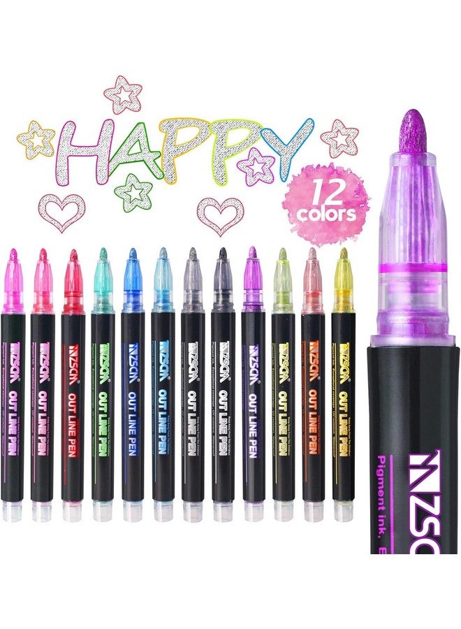 PLUSPOINT Outliner Pens set 12 Double Line Shimmer Metallic Colour Shining Markers Glitter Chisel for Painting DIY Art Craft Project Scrap Book Doodle Drawing Greeting Gift Card - Image 1