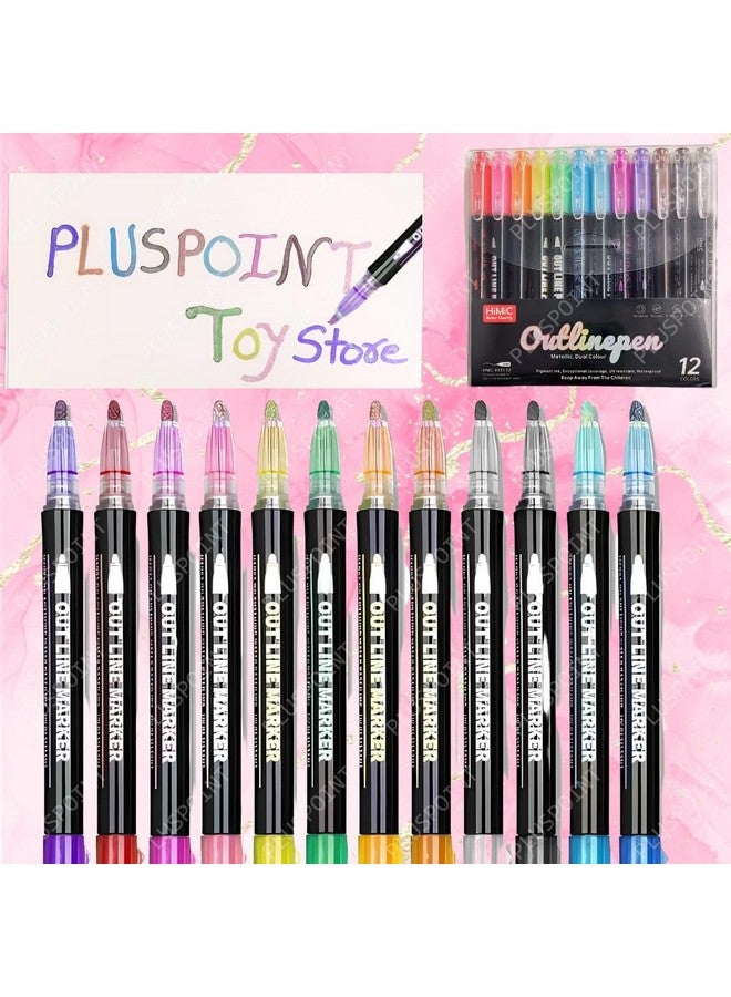 PLUSPOINT Outliner Pens set 12 Double Line Shimmer Metallic Colour Shining Markers Glitter Chisel for Painting DIY Art Craft Project Scrap Book Doodle Drawing Greeting Gift Card - Image 2