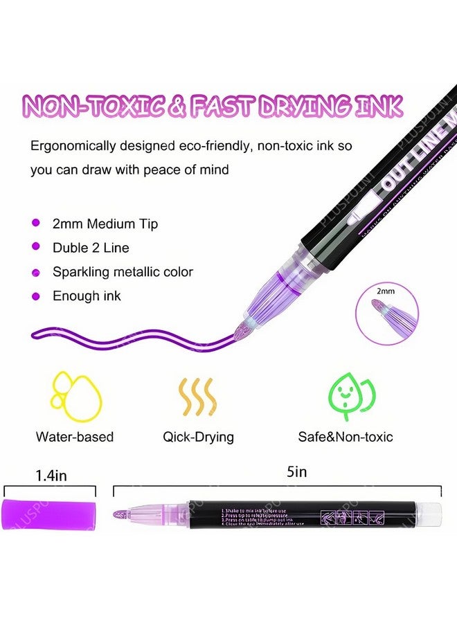 PLUSPOINT Outliner Pens set 12 Double Line Shimmer Metallic Colour Shining Markers Glitter Chisel for Painting DIY Art Craft Project Scrap Book Doodle Drawing Greeting Gift Card - Image 5