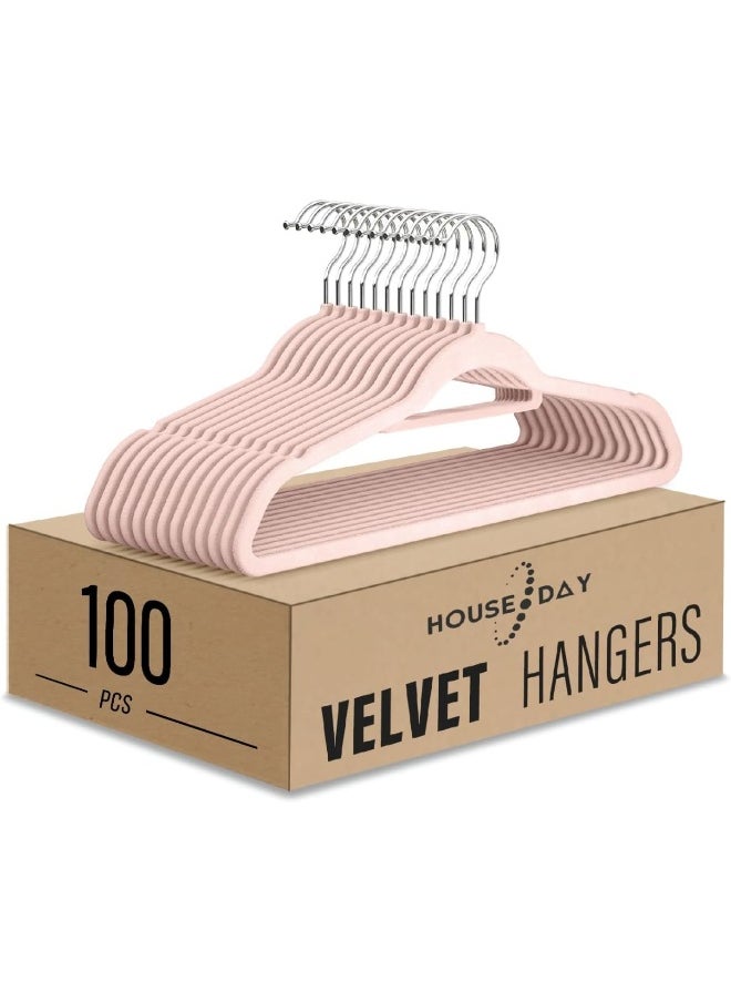 HOUSE DAY HOUSE DAY Clothes Hangers Pack of 100 Velvet Coat Hangers Non-Slip Space Saving Hangers Adult Hangers L16.8 D1/4" (Pink), One Size  - Image 1