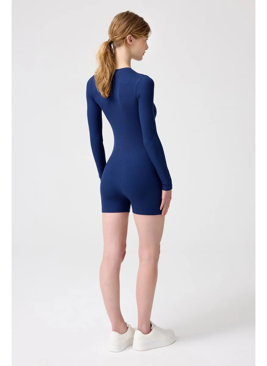 Los Ojos x Melodi Navy Blue Ribbed Long Sleeve Short Jumpsuit Romper