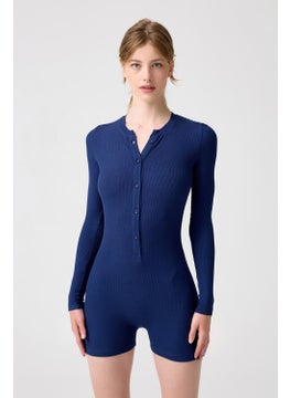 Los Ojos x Melodi Navy Blue Ribbed Long Sleeve Short Jumpsuit Romper  - Image 1