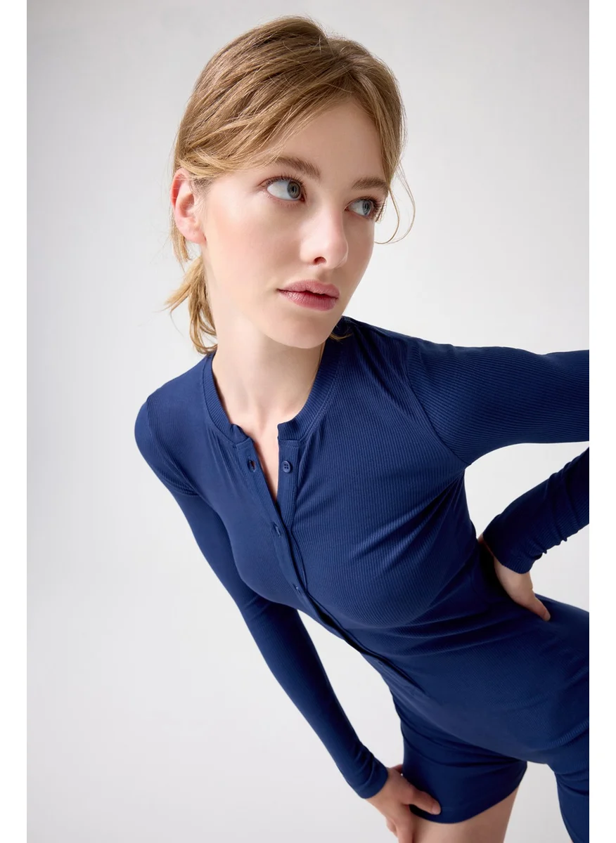 Los Ojos x Melodi Navy Blue Ribbed Long Sleeve Short Jumpsuit Romper