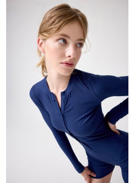 Los Ojos x Melodi Navy Blue Ribbed Long Sleeve Short Jumpsuit Romper  - Image 5